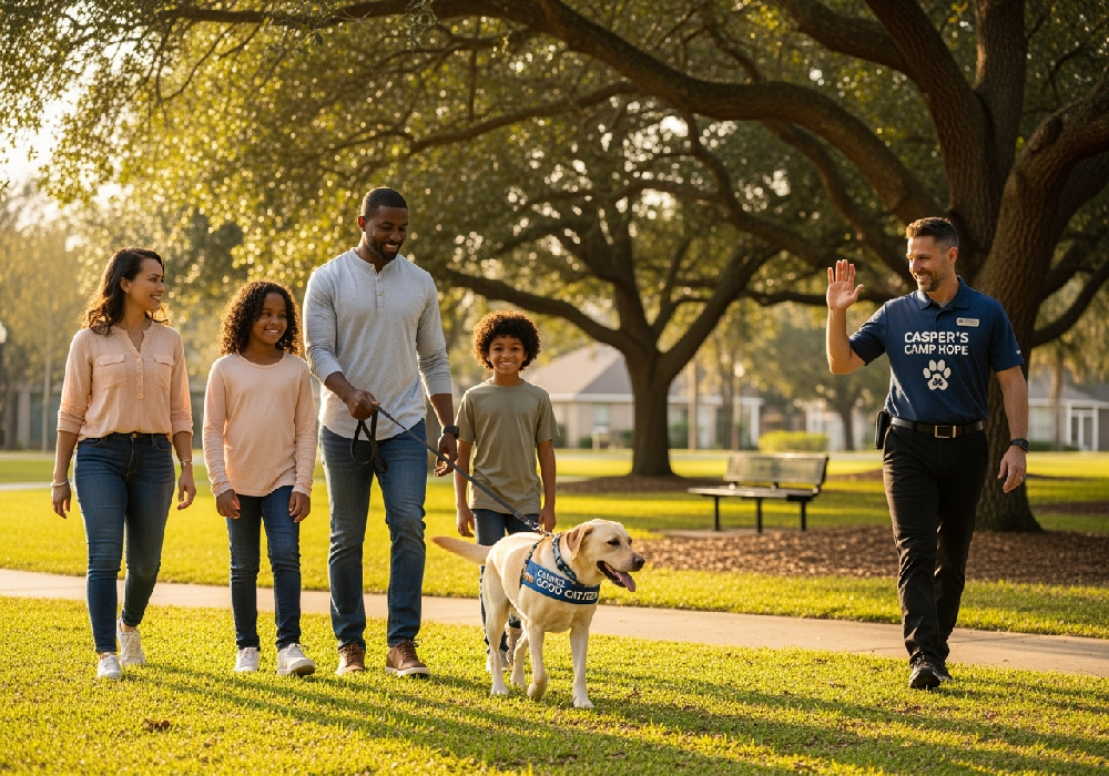 Happy Family walking trained dog In Gainesville with Casper’s Camp Trainer coaching 